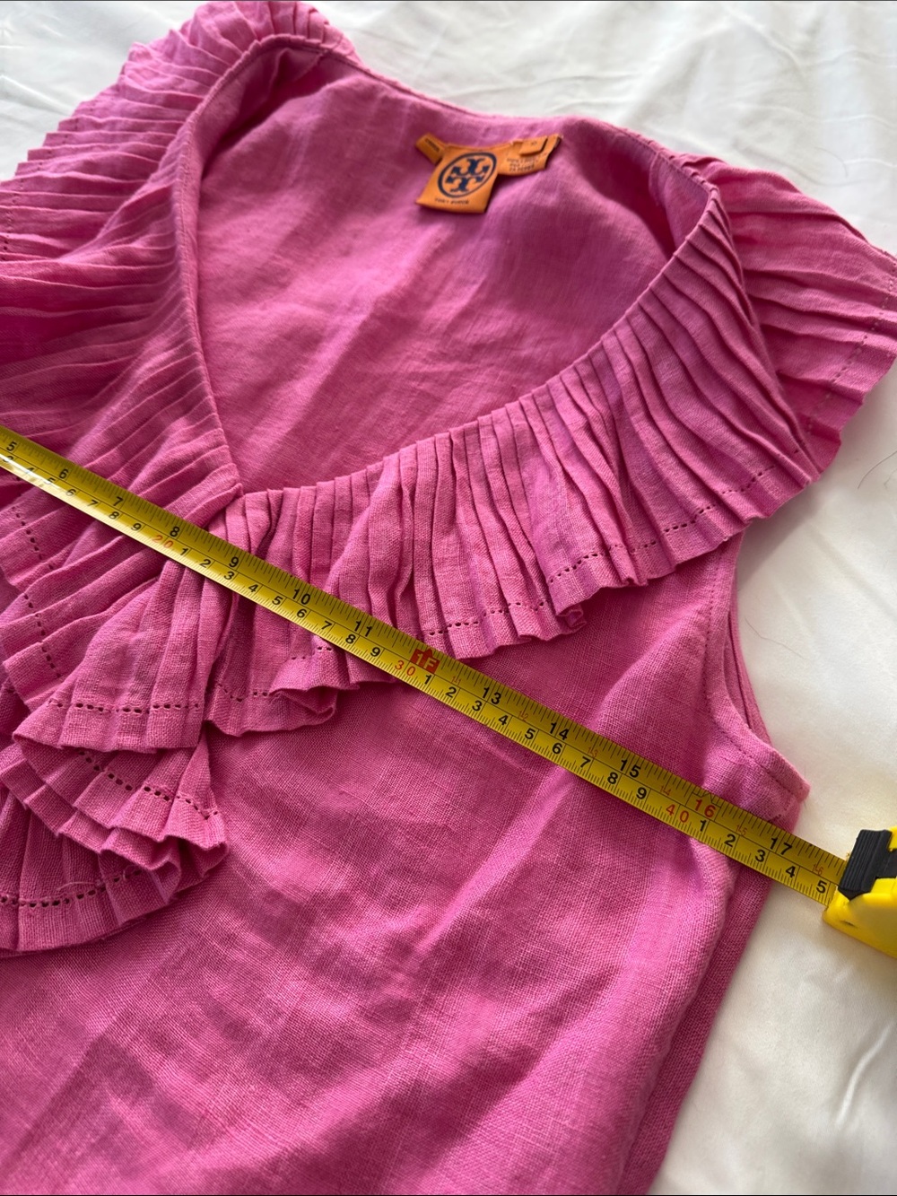 Tory Burch Hot Pink Ruffle V-Neck 100% Linen Top